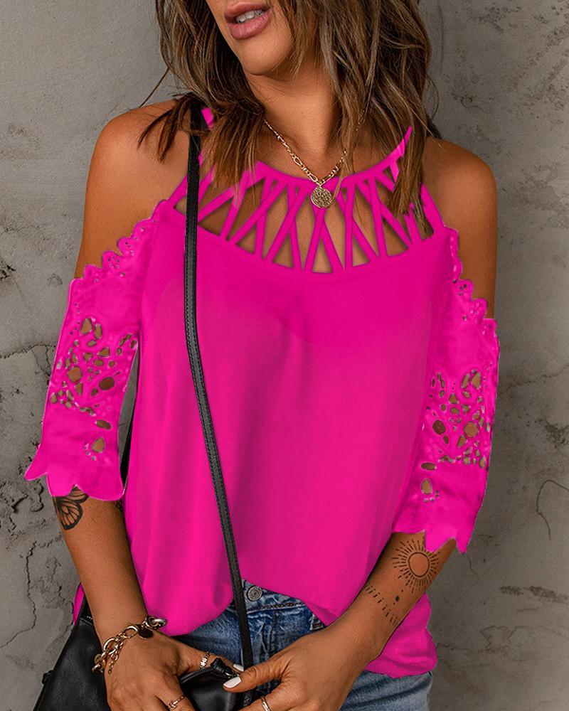 

Contrast Lace Hollow Out Cold Shoulder Top, Rose red