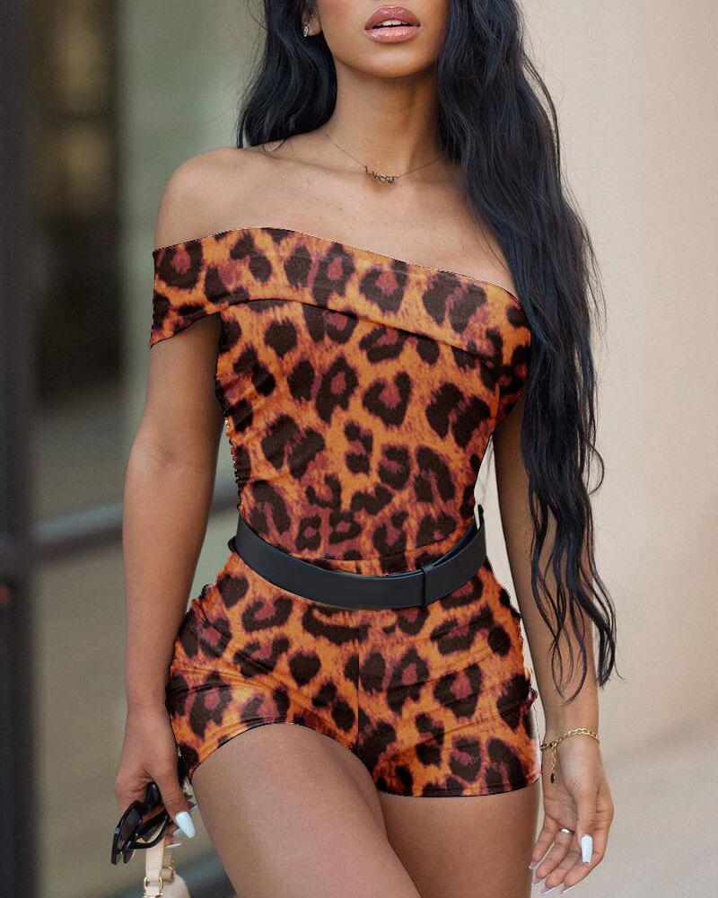 

Leopard Print Off Shoulder Skinny Romper