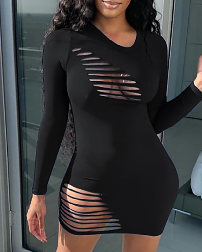 

Ladder Cutout Front Long Sleeve Bodycon Dress, Black