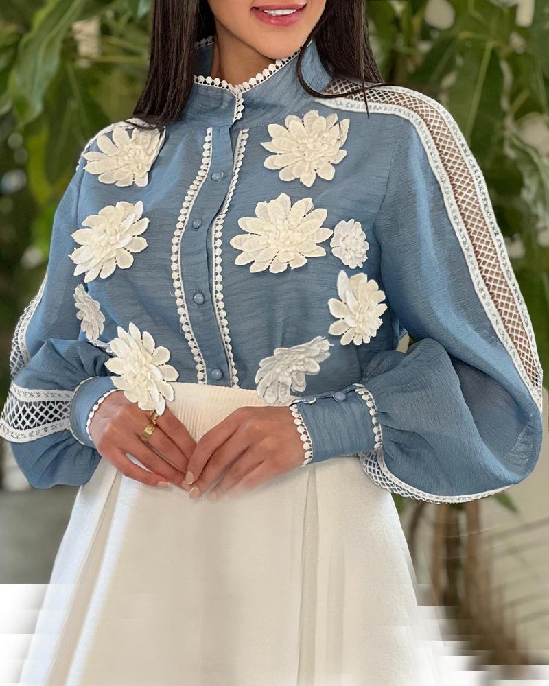 

Floral Pattern Contrast Lace Buttoned Top, Blue