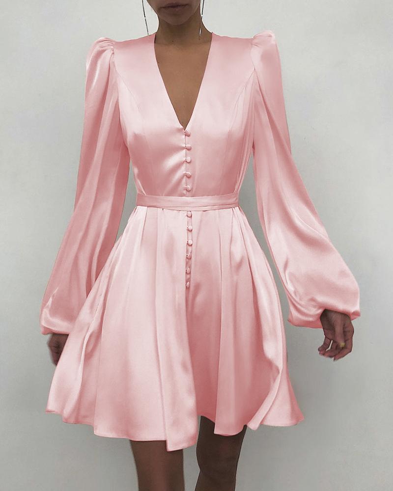 

Puff Lantern Sleeve Button Front Satin Dress, Pink