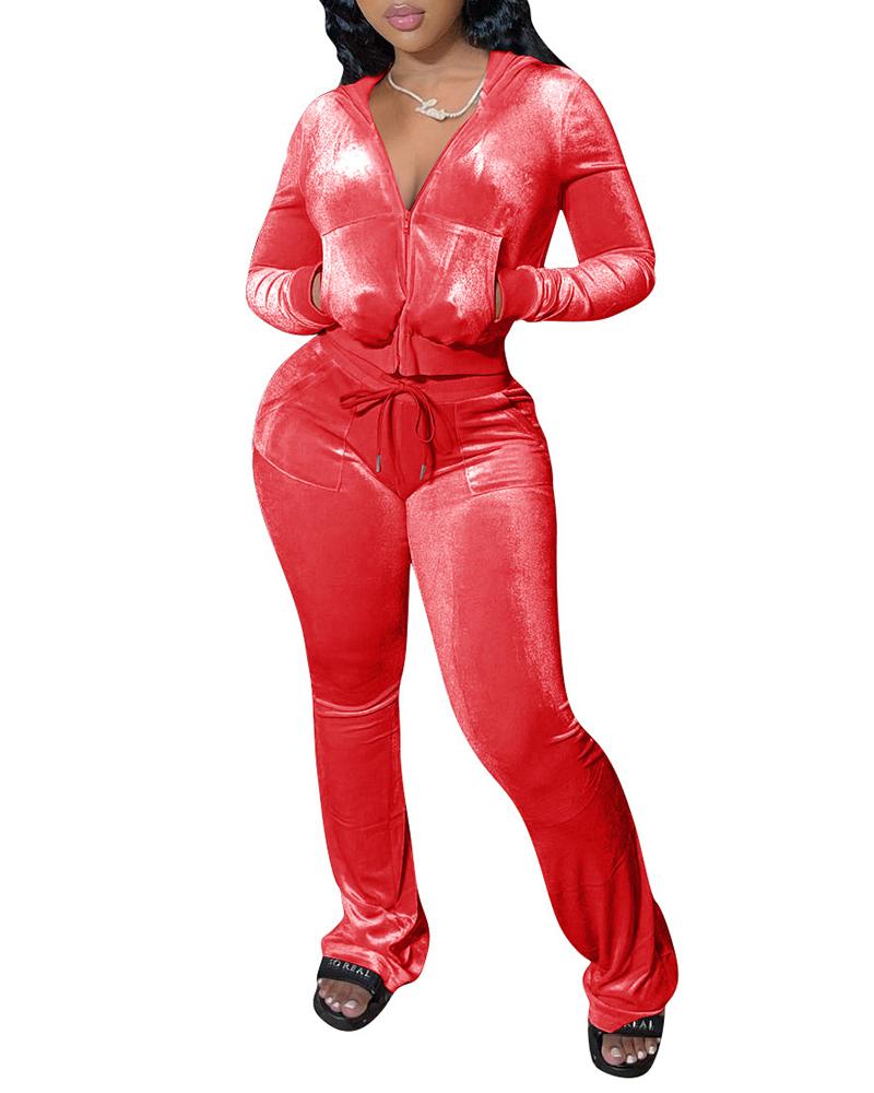 

Velvet Zipper Pocket Design Hooded Top & Drawstring Pants Set, Red