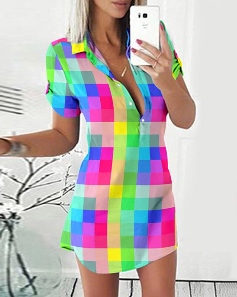 Plaid Print Colorblock Button Front Shirt Dress