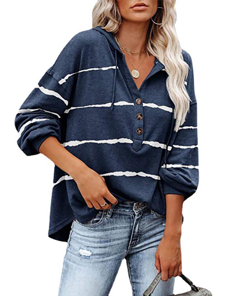 

Striped Button Front Long Sleeve Hooded Top, Blue