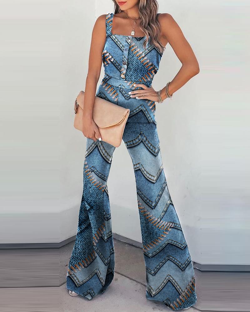 

Graphic Print Square Neck Bootcut Jumpsuit, Blue