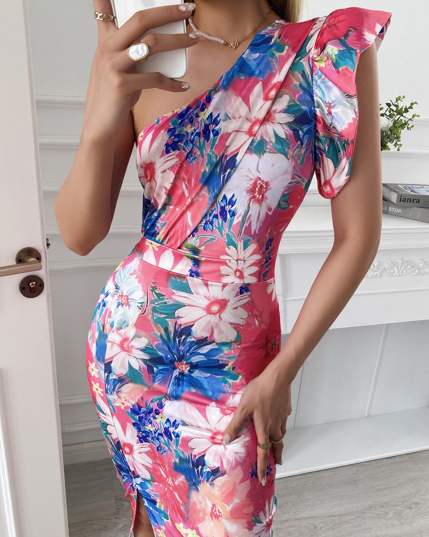 

One Shoulder Ruffles Slit Floral Print Dress, Pink