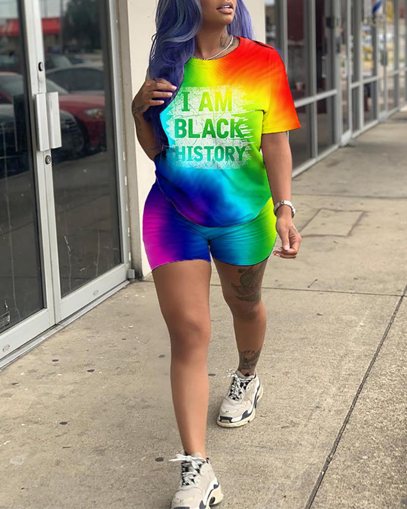 

Multi-color & Letter Print Casual T-shirt & Shorts Set, Multicolor