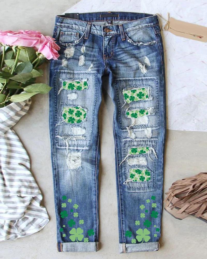 

St. Patrick' Day Lucky Shamrock Print Patchwork Ripped Jeans, Blue