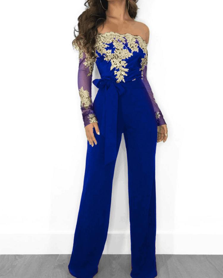 

Flower Embroidery Off Shoulder Wide Leg Jumpsuit, Blue