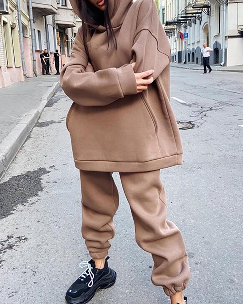 

Pocket Design Hooded Top & Pants Set, Khaki