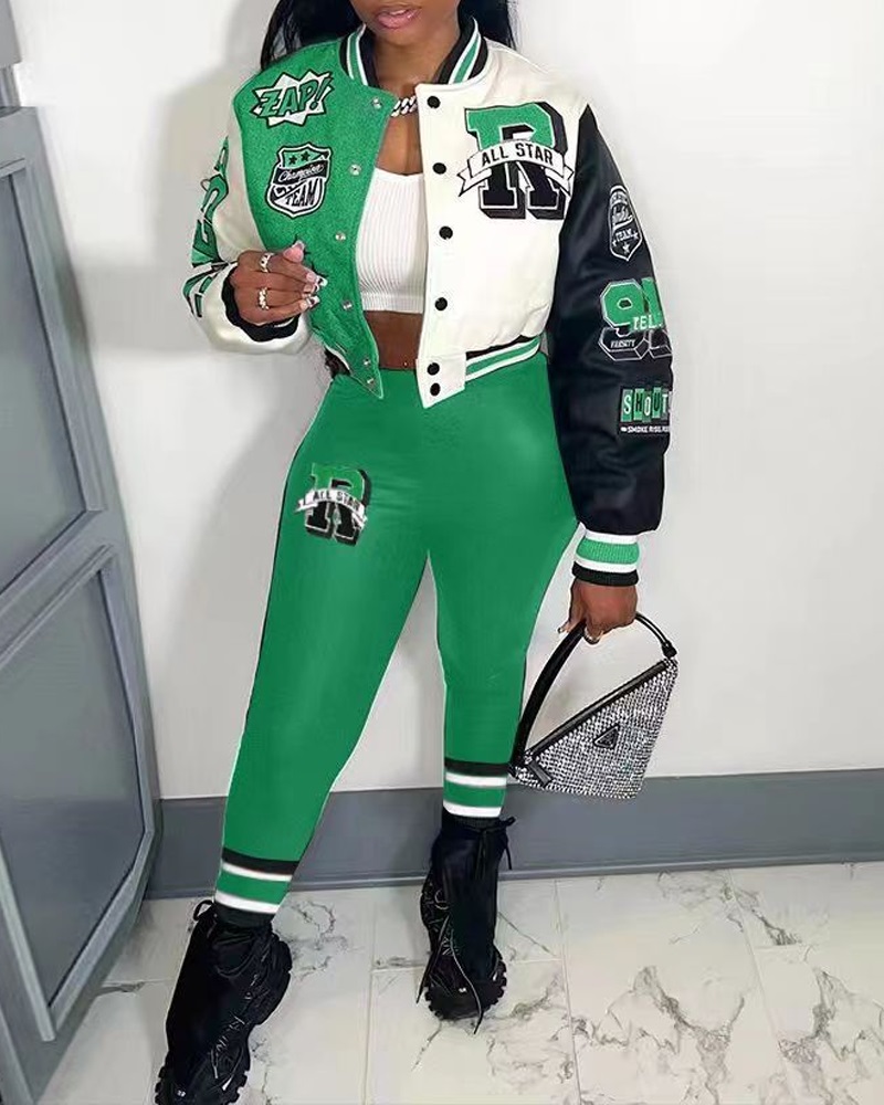 

Colorblock Graphic Print Baseball Jacket & Pants Set, Green