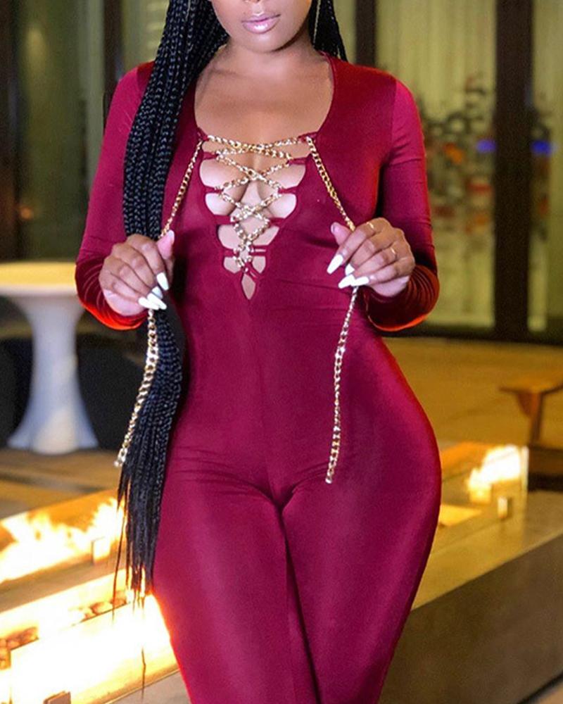 

Chain Lace-Up Deep V-Neck Unitard Jumpsuit, Wine red