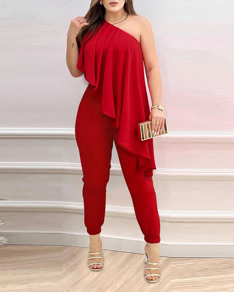 

One Shoulder Asymmetrical Ruffles Jumpsuit, Red