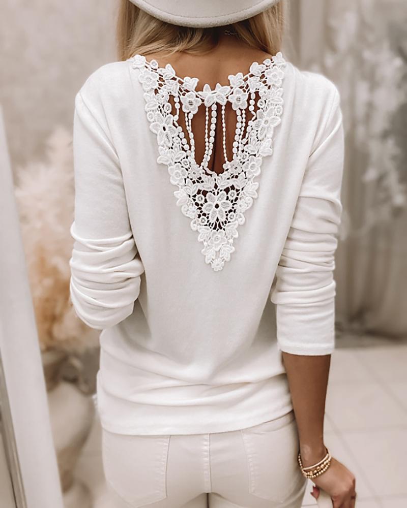 

Guipure Lace Patch Long Sleeve Casual Top, White