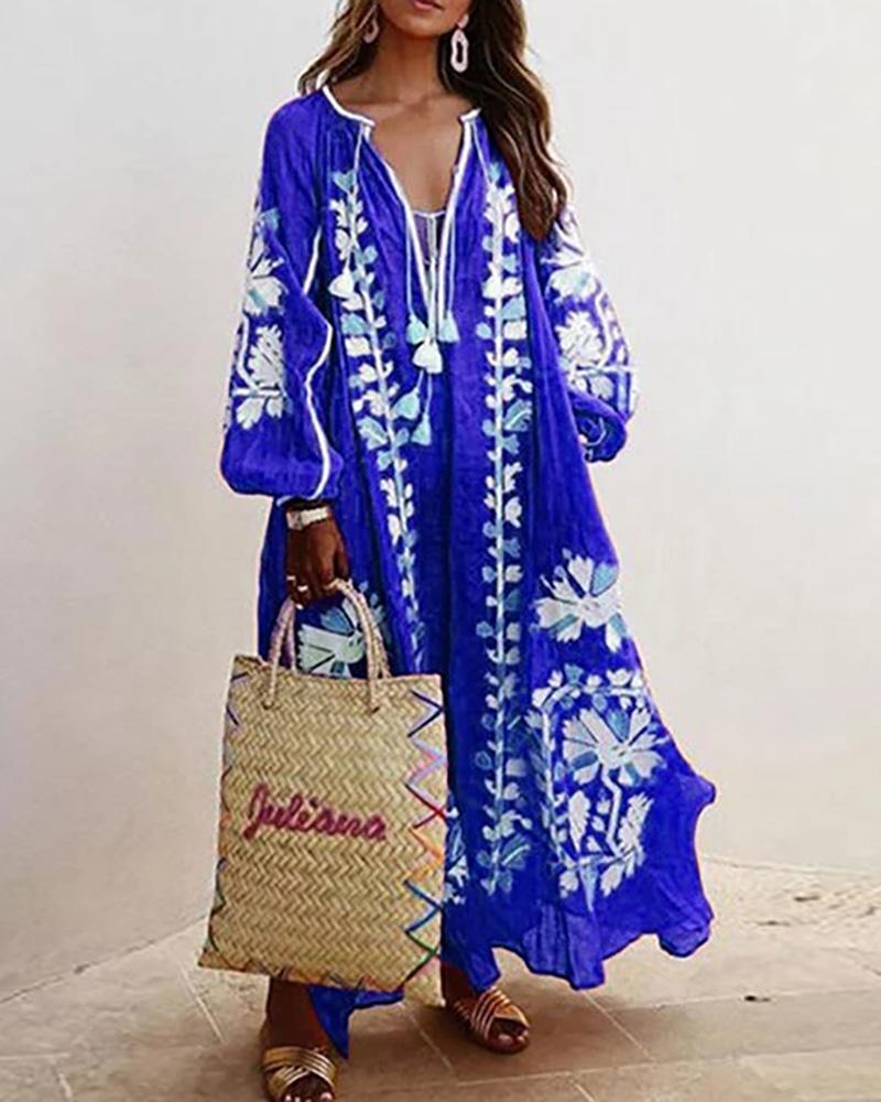 

V Neck Floral Print Long Sleeve Casual Dress, Blue
