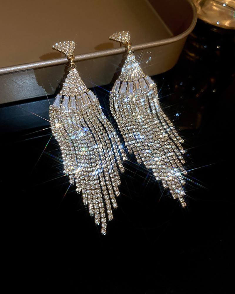 

1Pair Rhinestone Fan Tassel Drop Earrings, Silver