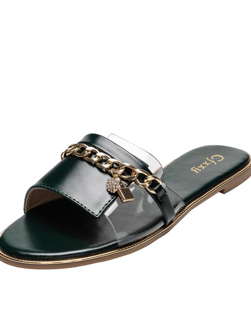 

Round Toe Patchwork With Chain Flat Slippers, Green