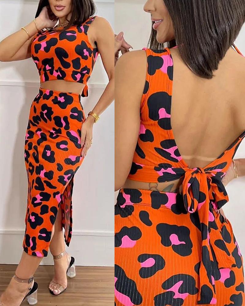 

Leopard Print Tied Detail Top & Skirt Set, Orange