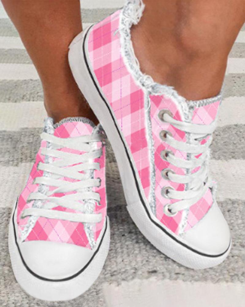 

Valentine's Day Plaid Print Fringe Hem Canvas Sneakers, Pink