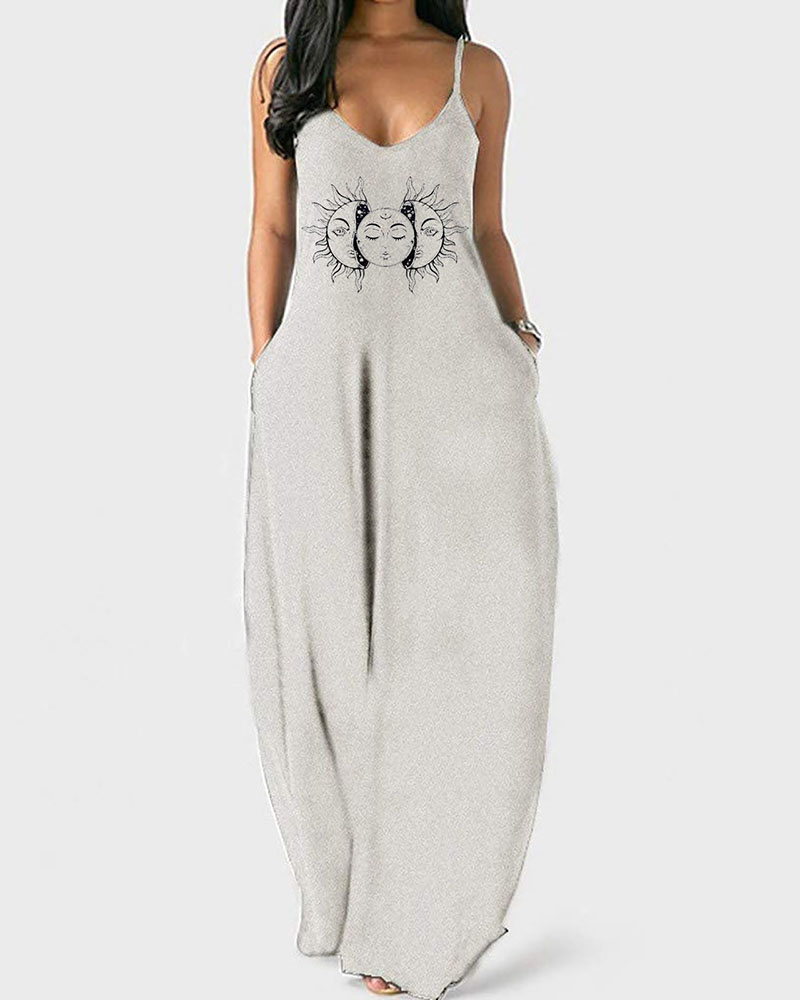 

Sun Pattern Print Pocket Design Maxi Dress, Gray