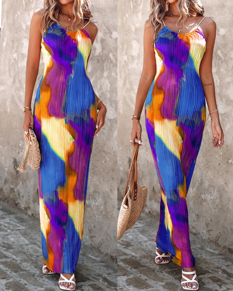 

Colorblock Tie Dye Print Pleated Cami Maxi Dress, Blue