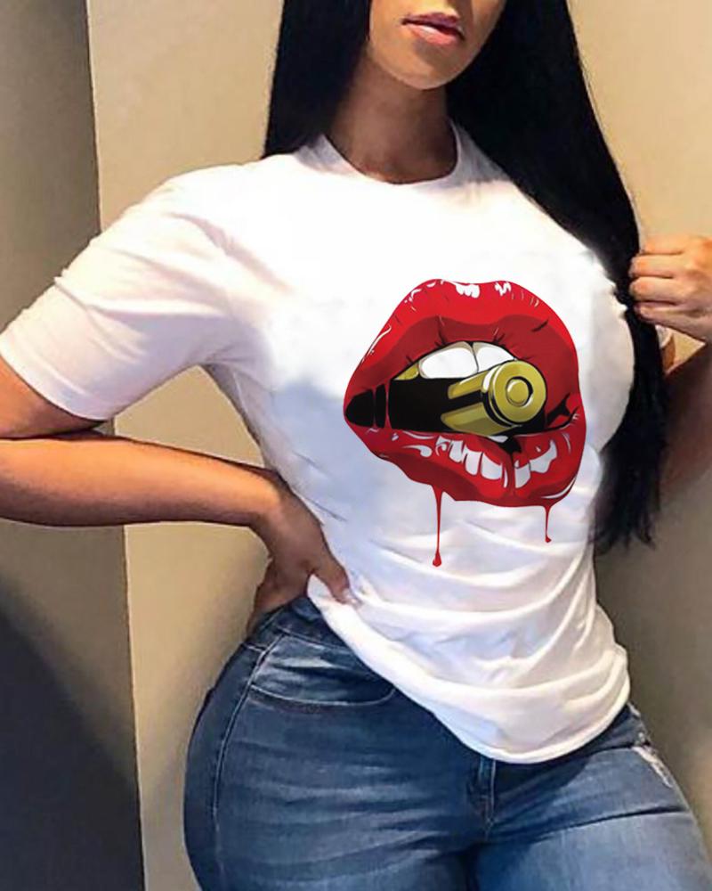 

Graphic Lip Print Short Sleeve Casual T-shirt, White