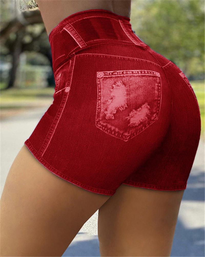 

Denim Look Print Leggings Butt Lifting Yoga Shorts, Red