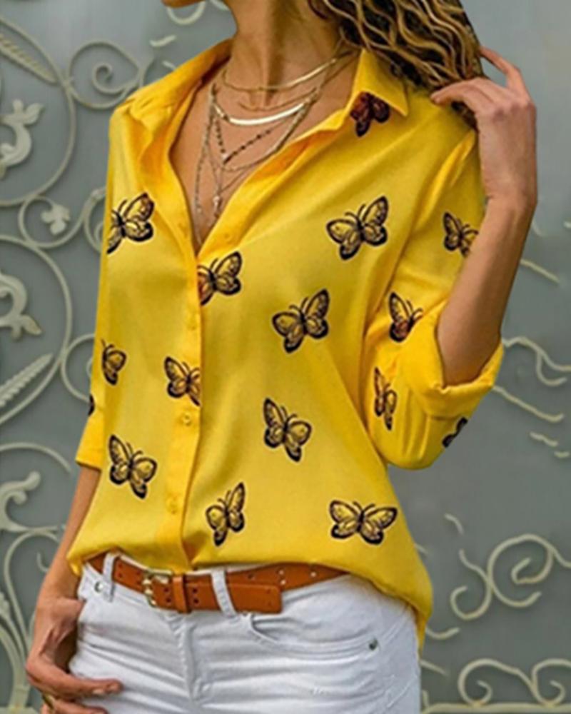 

Butterfly Print Button Design Blouse, Yellow