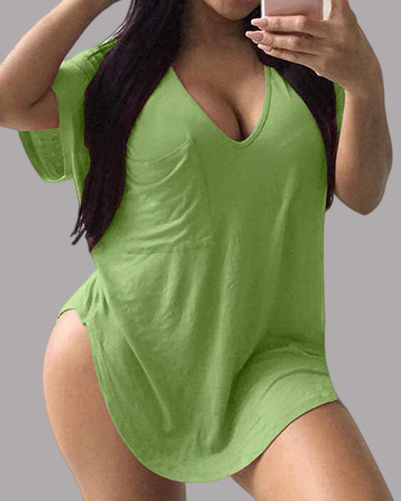 

V Neck Short Sleeve Casual T-shirt, Green