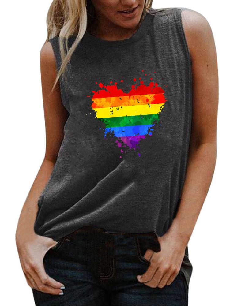 

Rainbow Stripe Heart Print Tank Top, Dark grey
