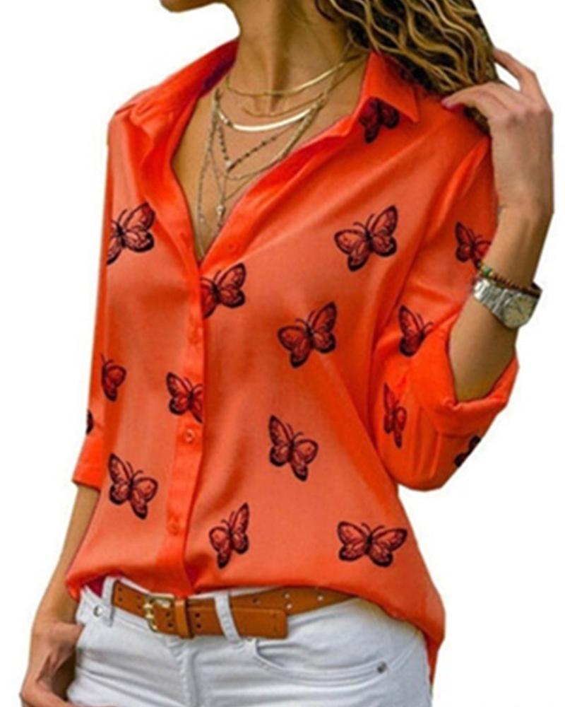 

Butterflies Print Long Sleeve Shirt, Red