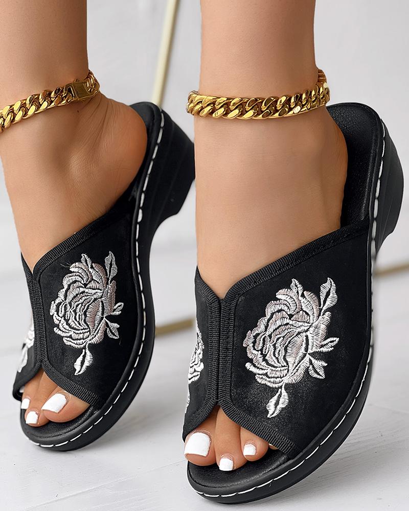 

Peep Toe Floral Embroidery Wedge Slippers Summer Sandals, Black
