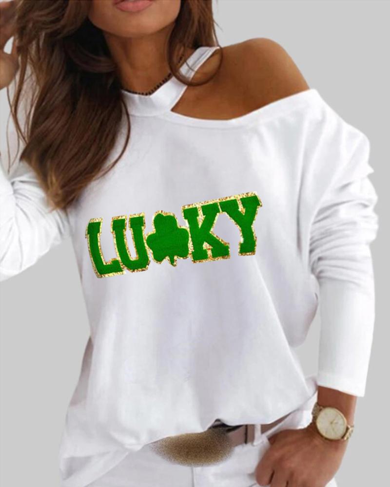 

St. Patrick' Day Lucky Shamrock Print Cold Shoulder Top, White