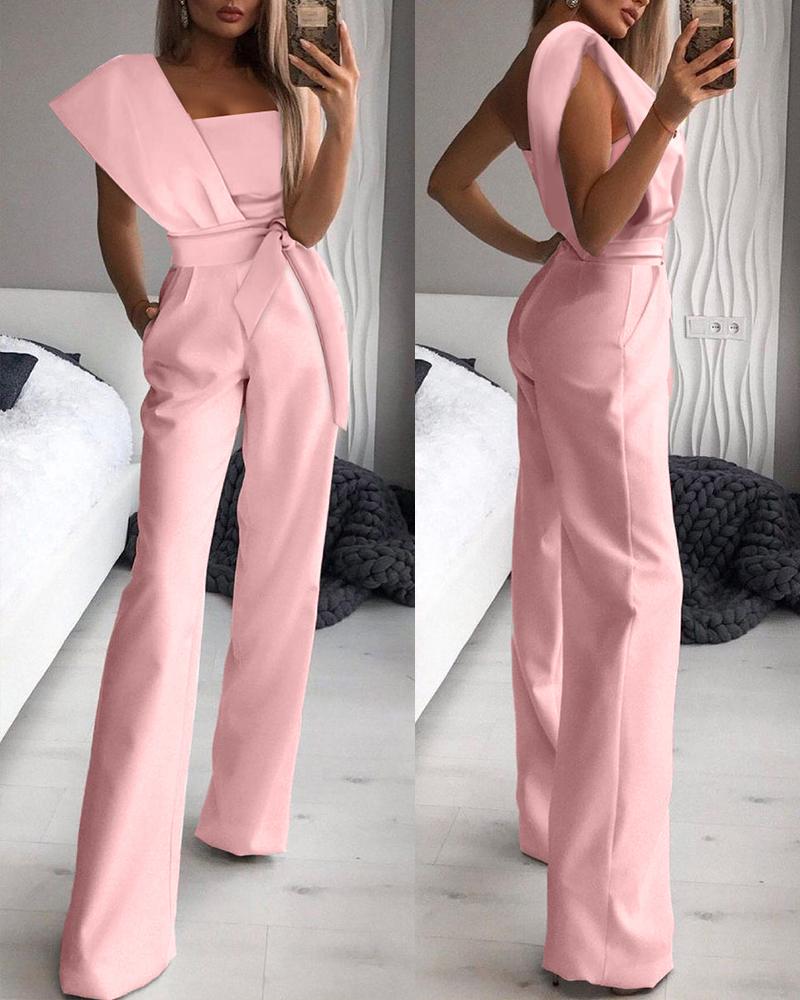 

One Shoulder Belted Straight Leg Jumpsuit, Pink