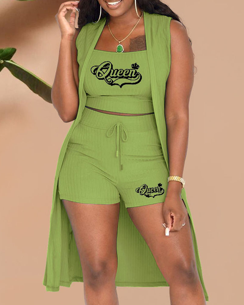 

3PCS Letter Crown Print Ribbed Crop Top & Shorts Set With Cardigan, Green