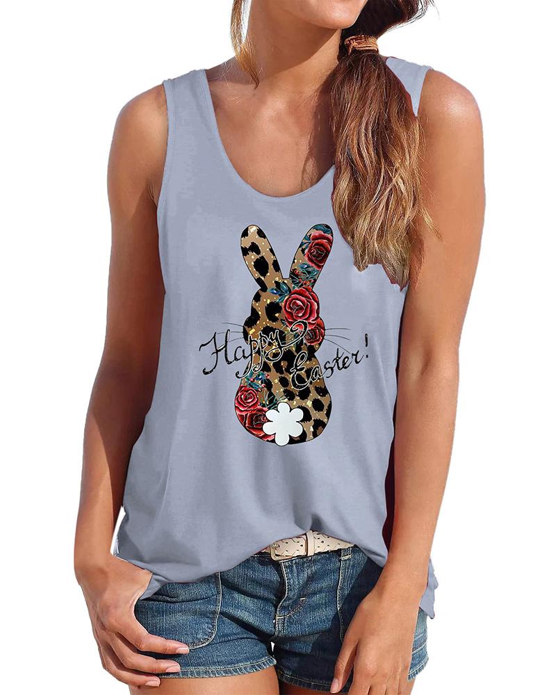 

Leopard Easter Bunny Print Graphic Tee Casual Tank Top, Dark grey