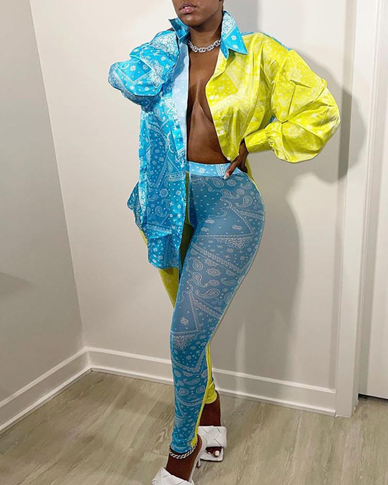 

Paisley Print Colorblock Shirt & Mesh Pants Sets, Blue