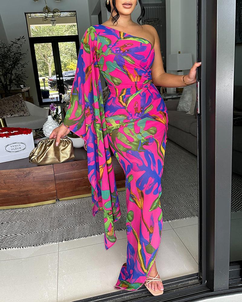 

Vestido bodycon com estampa de plantas de um ombro e bainha assimétrica, Hot pink