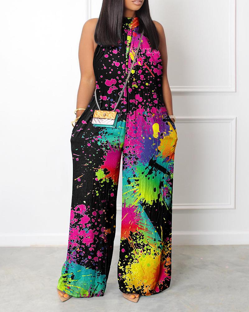 

Ink Splash Print Sleeveless Wide Leg Jumpsuit, Black
