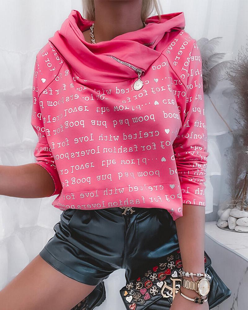 

Letter Print Raglan Sleeve Zipper Hooded Sweatshirt, Hot pink