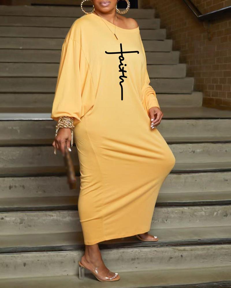 

Plus Size Letter Print Batwing Sleeve Casual Dress, Yellow