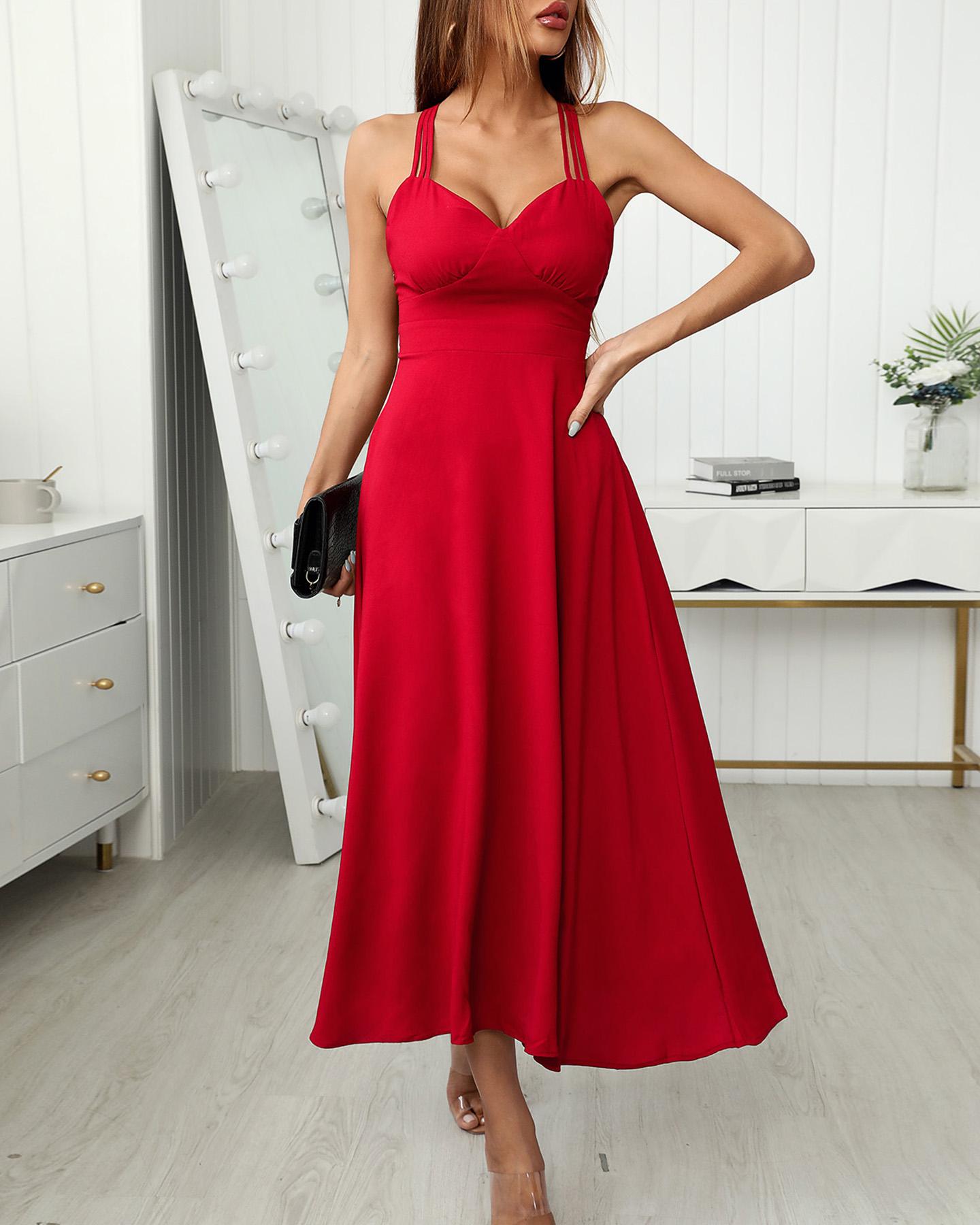 

Plain Crisscross Backless Cami Maxi Dress, Red