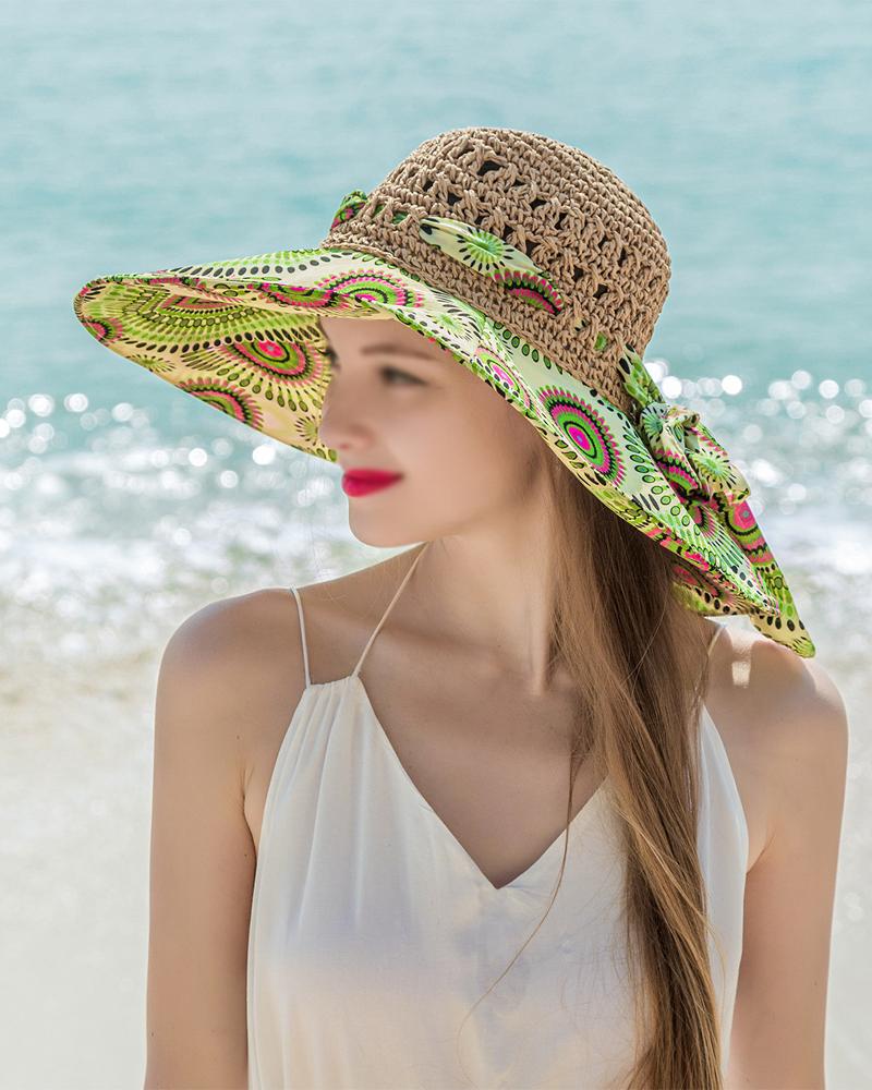 

Tribal Print Bow Decor Straw Hat, Green
