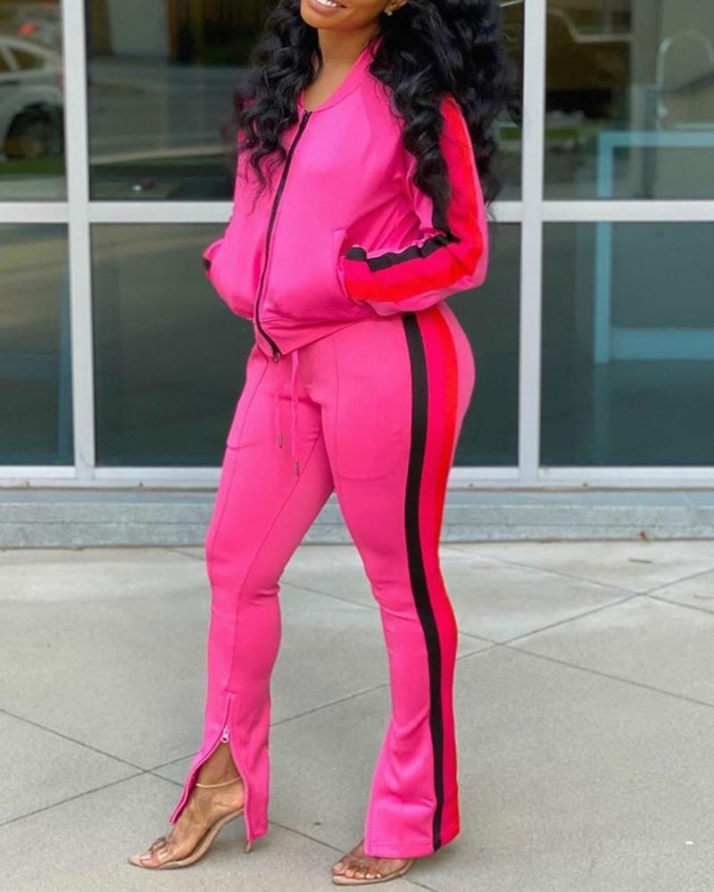

Striped Zipper Design Coat & Slit Pants Set, Pink