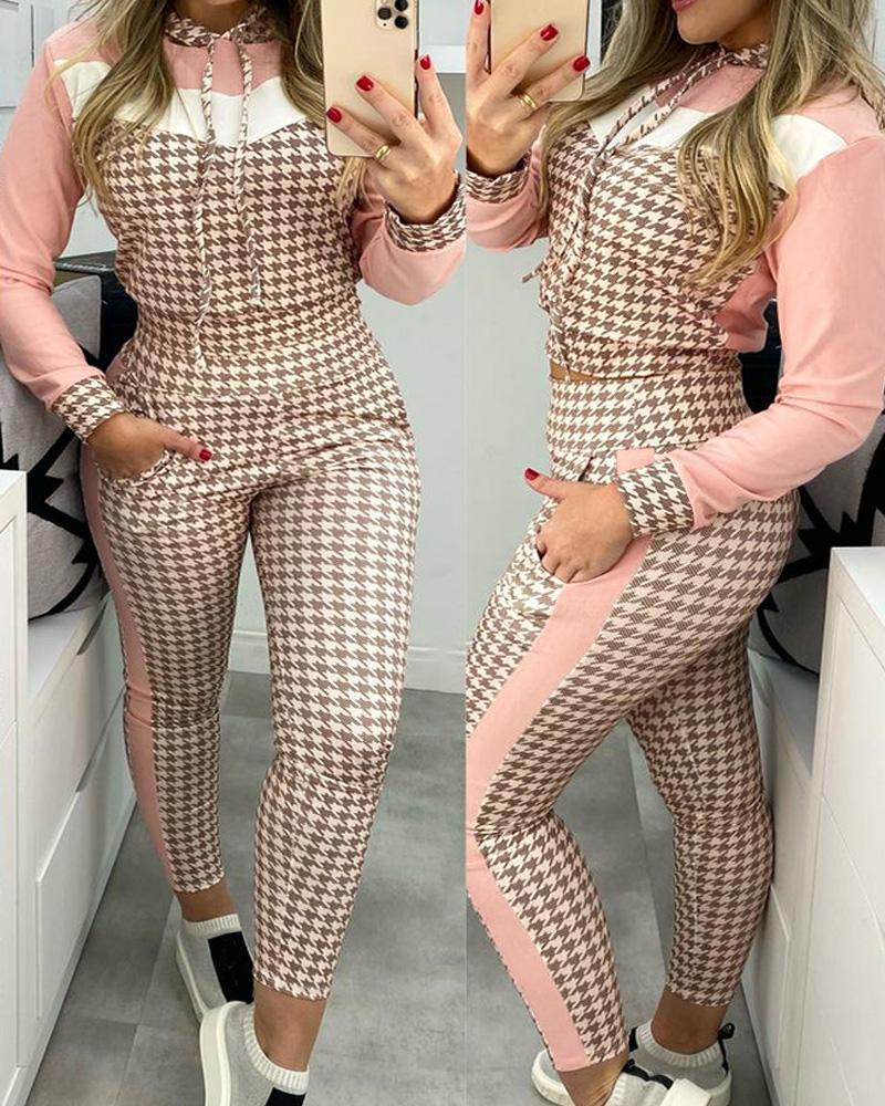 

Colorblock Houndstooth Print Hooded Top & Pants Set, Pink