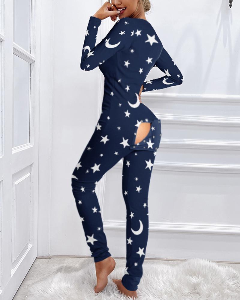 

Star Moon Print Functional Buttoned Flap Adults Pajamas, Purplish blue