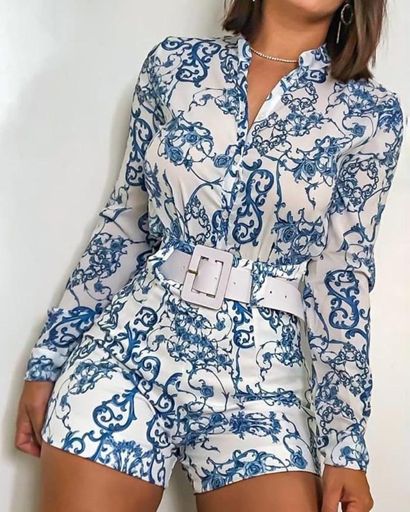 

Print V-neck Long Sleeve Casual Top & Short Set, Blue