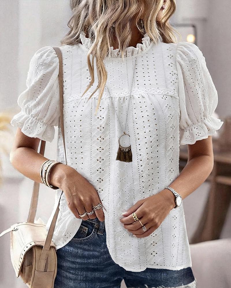 

Elegant Frill Hem Stand Collar Puff Sleeve Blouse Casual Hollow Out Embroidery Pullover Top, White