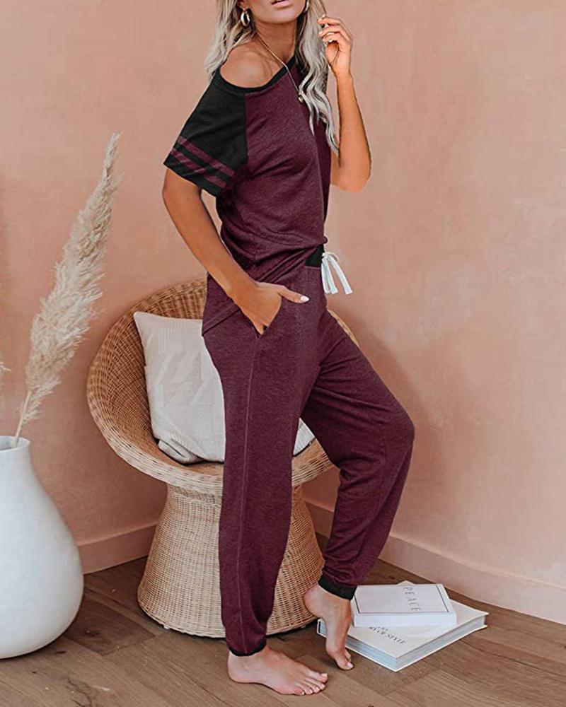 

Patchwork Design Short Sleeve Top & Pants Set, Wine red