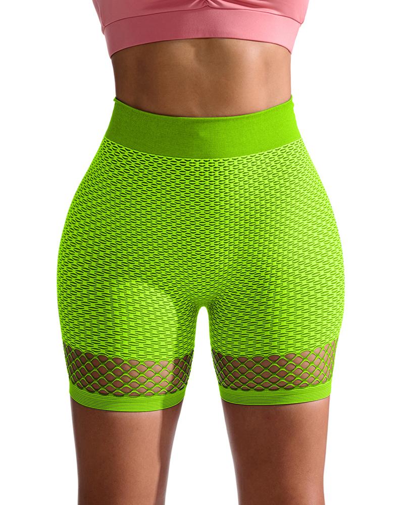

High Waist Fishnet Decor Active Shorts, Lvs green